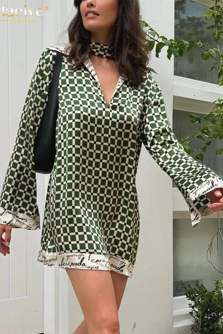 Elegant Print Lapel Long Sleeve Mini Dress