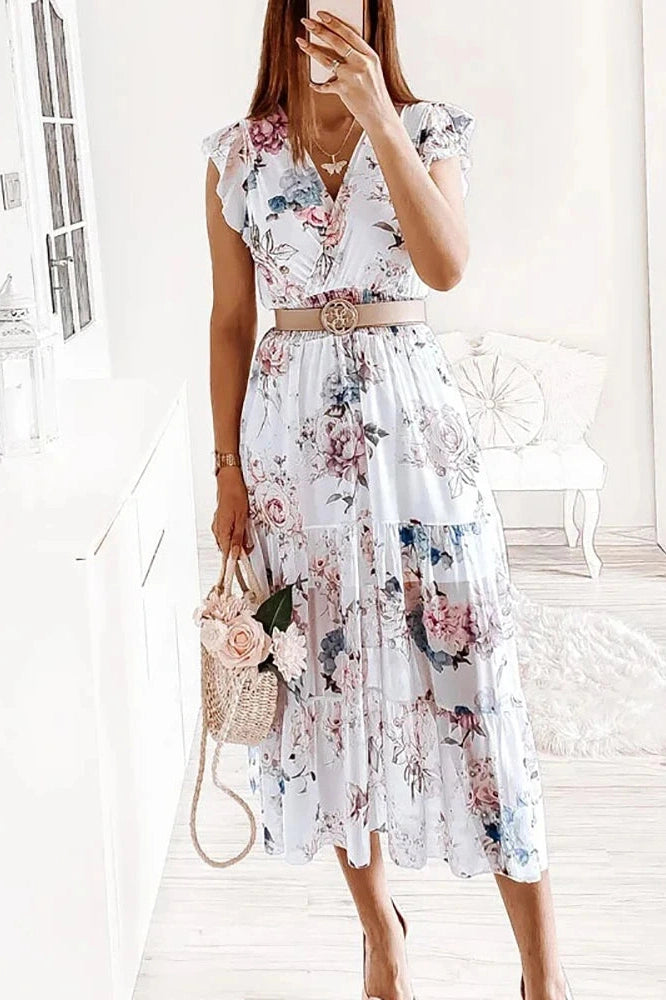 Printed V-Neck Short Sleeve Midi Dress