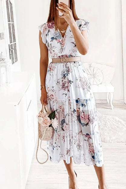 Printed V-Neck Short Sleeve Midi Dress