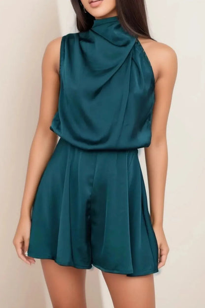 Sleeveless Satin Mock Neck Mini Dress