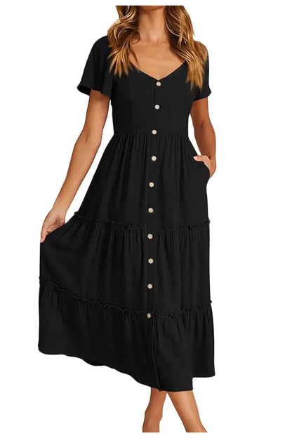 Button V-Neck Short Sleeve Midi Dress