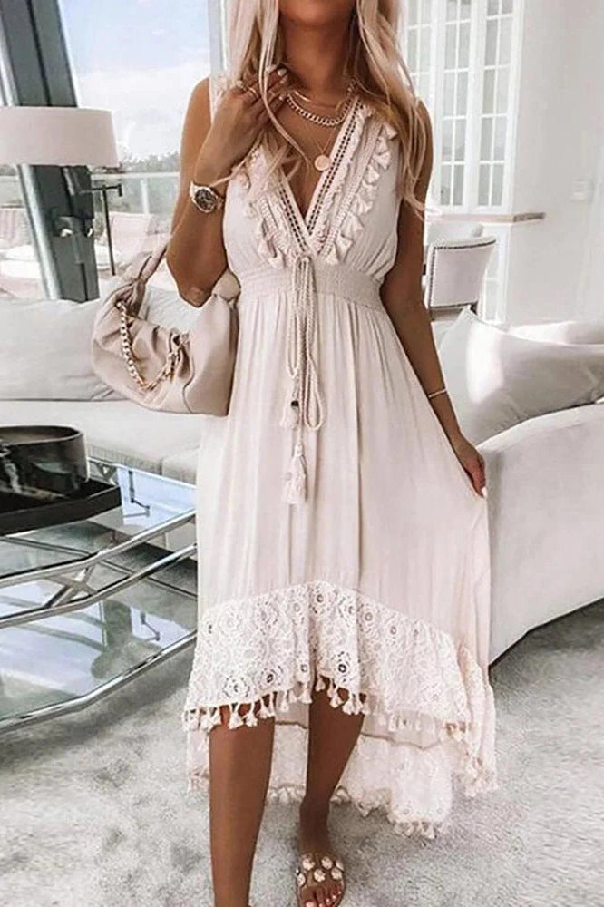 Elegant Sleeveless Deep V-Neck Midi Dress