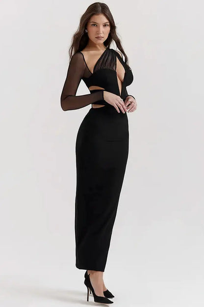 Hollow Out Strapless Mesh Sheer Long Sleeve Maxi Dress