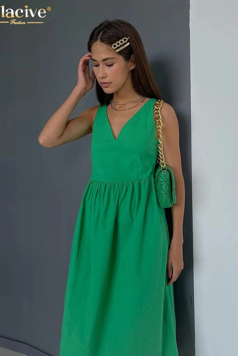 V-Neck Sleeveless Midi Dress