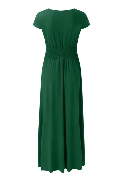 Deep V-Neck Pleated Maxi Dress