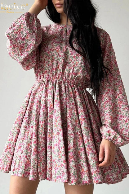 Print O-Neck Puff Sleeve Mini Dress