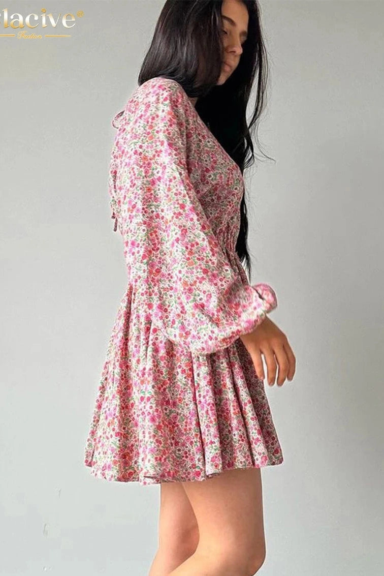 Print O-Neck Puff Sleeve Mini Dress