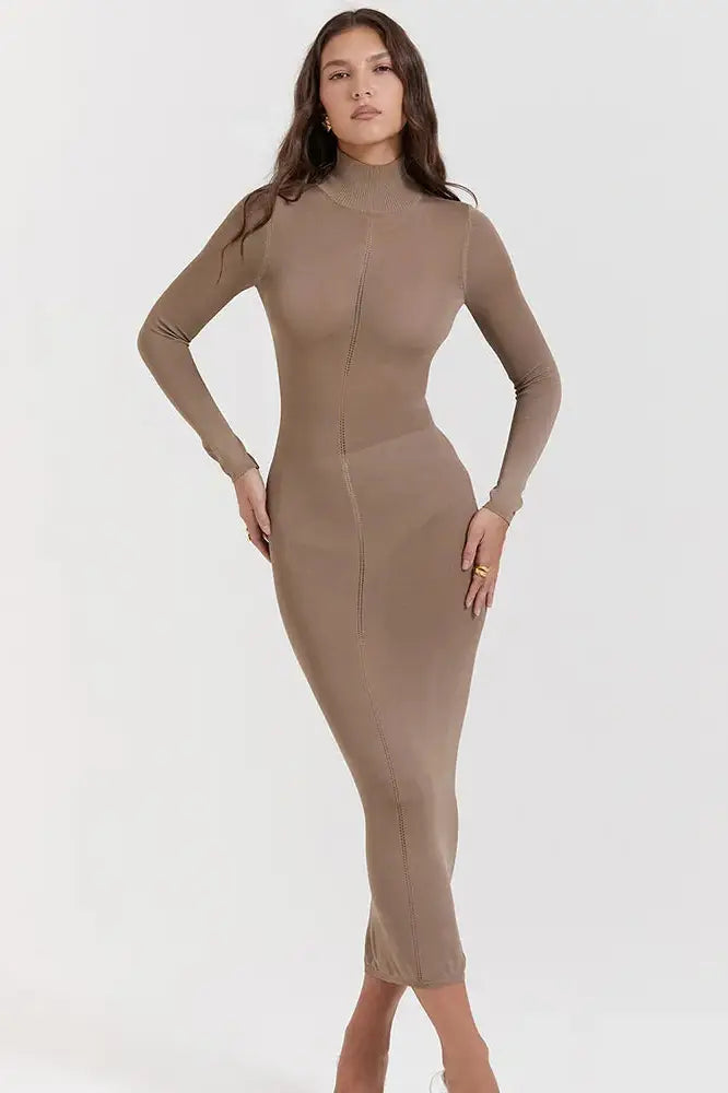 Turtleneck Long Sleeve Backless Midi Dress