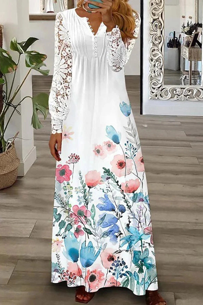 V-Neck Printed Long Sleeve Maxi Dress