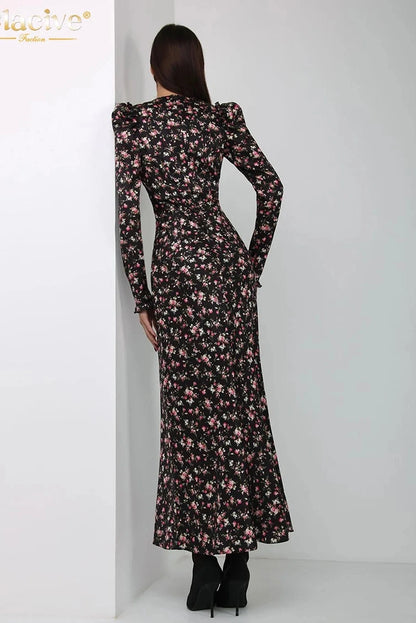 Print V-Neck Long Sleeve Maxi Dress