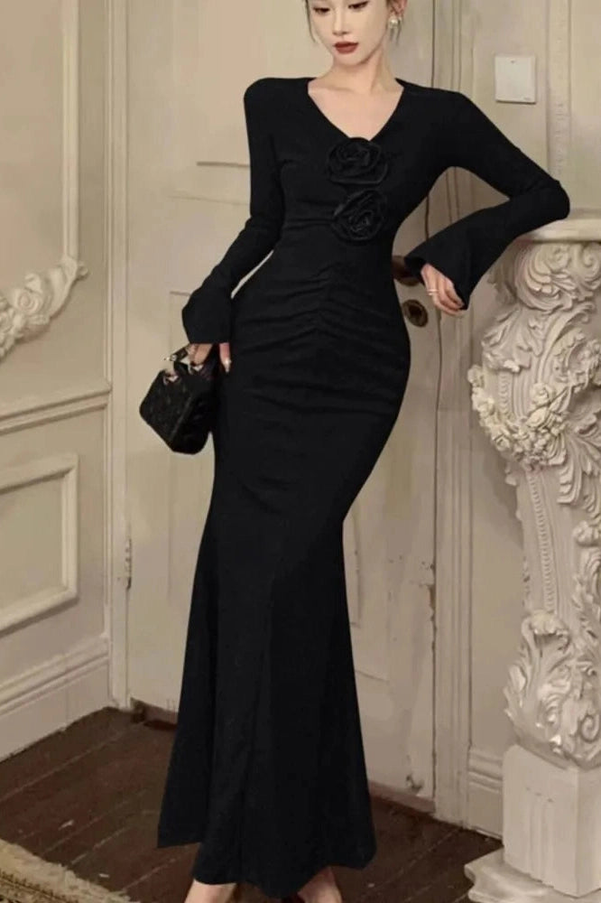 Flare Sleeve V-Neck Bodycon  Maxi Dress