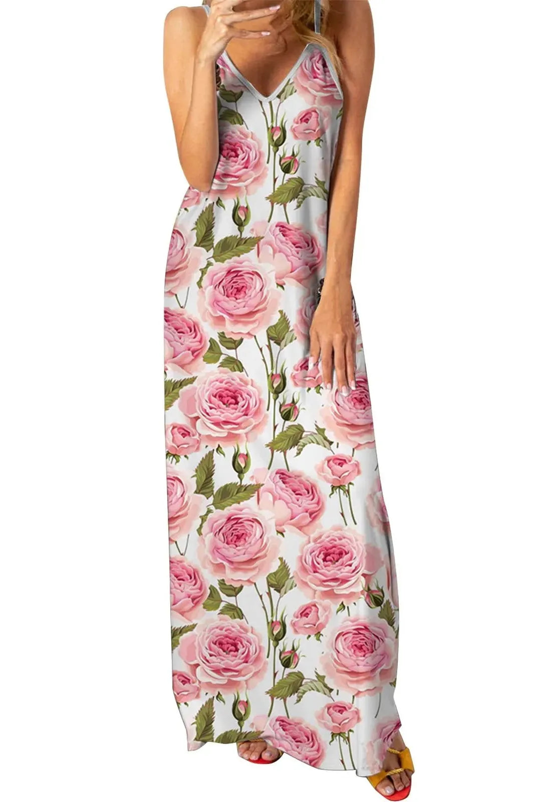 Leaf Printed V-Neck Maxi Dress