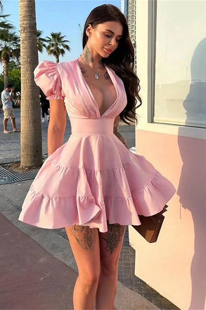 Elegant Lace-Up V-Neck Mini Dress