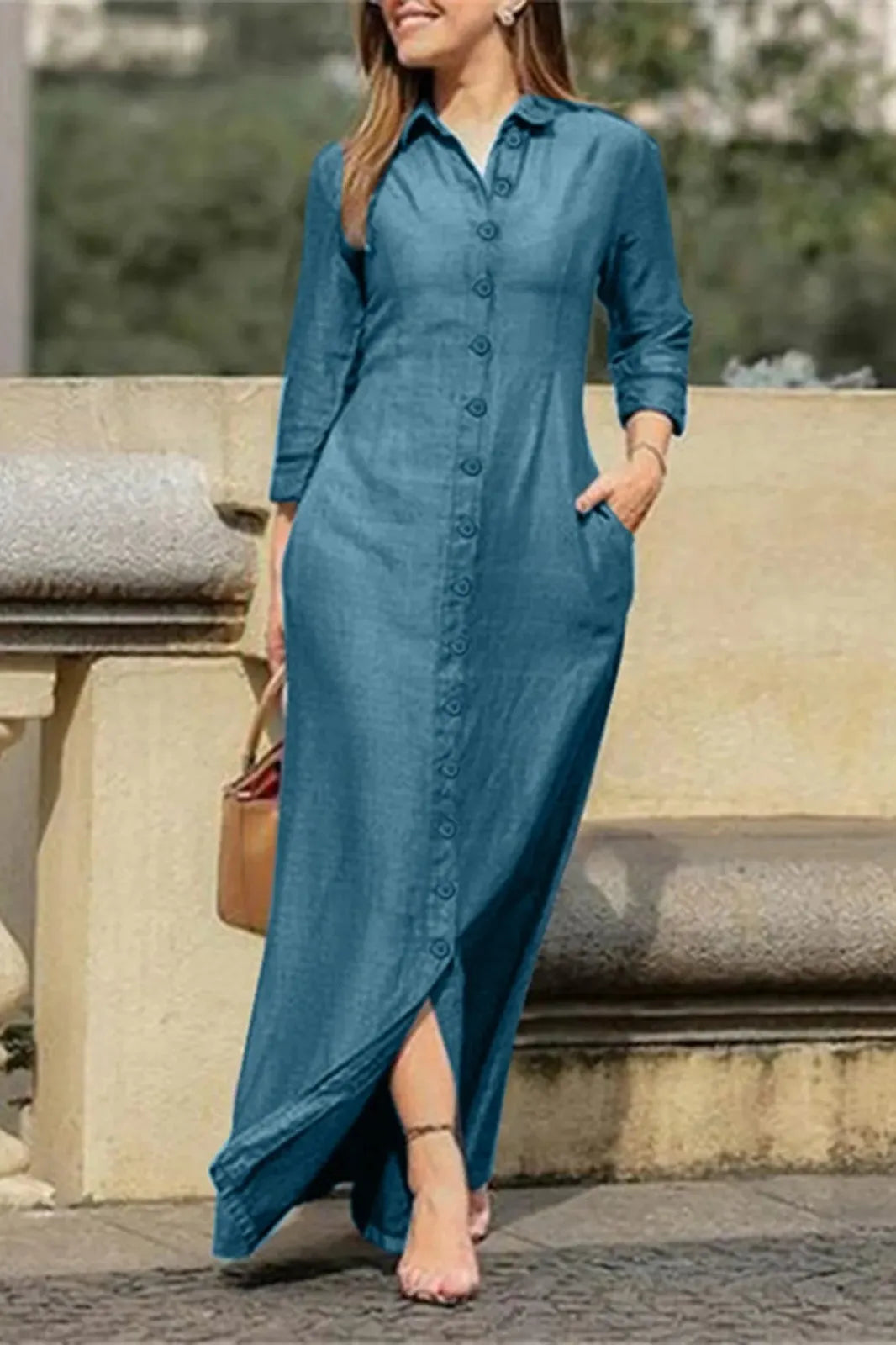 Loose Denim V-Neck Maxi Dress