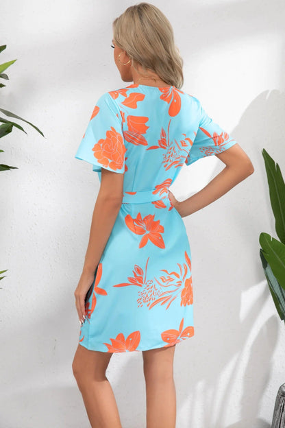 Elegant Floral Print Short Sleeve Mini Dress