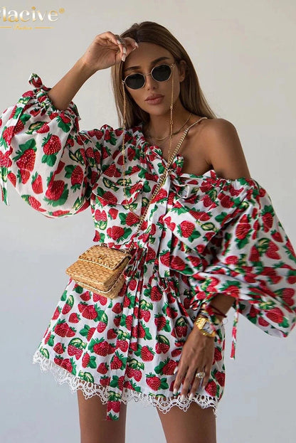 Print Long Sleeve Lace-Up Mini Dress