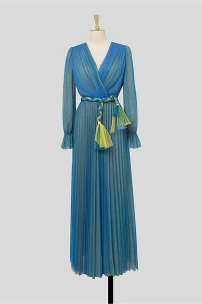 Pleated V-Neck Maxi Dress