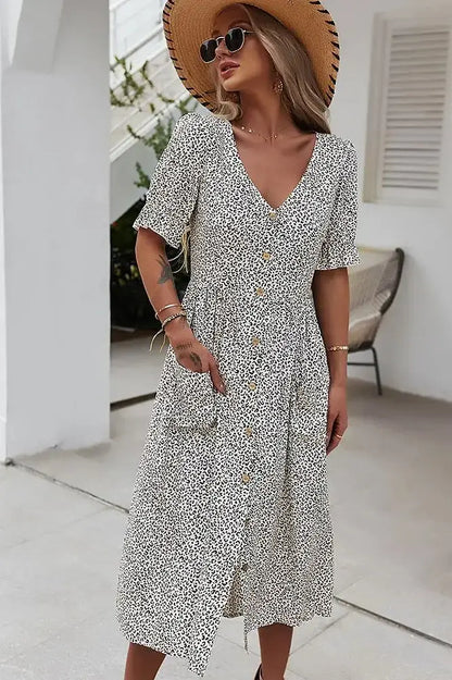 V-neck Floral Printed Short Sleeve Buttons Midi Dress