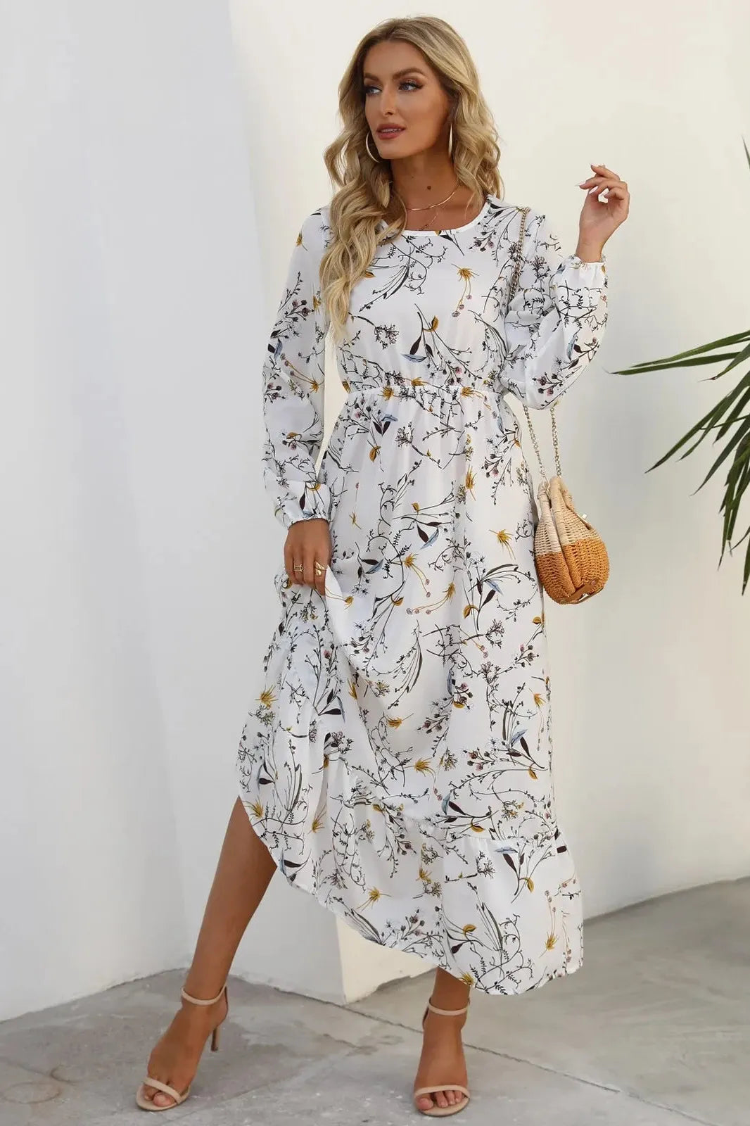 Long Sleeve Floral Printed Ruffle Maxi Dress