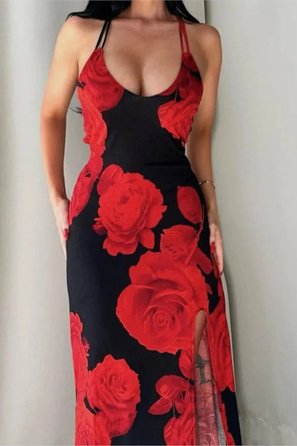 Floral Print Backless Maxi Dress