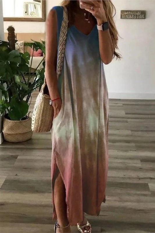 Printed Sleeveless V-Neck Maxi Dress