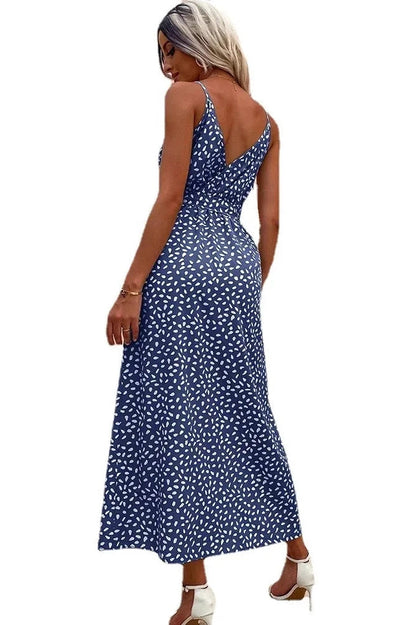 Deep V-Neck Backless Printed Maxi Dress