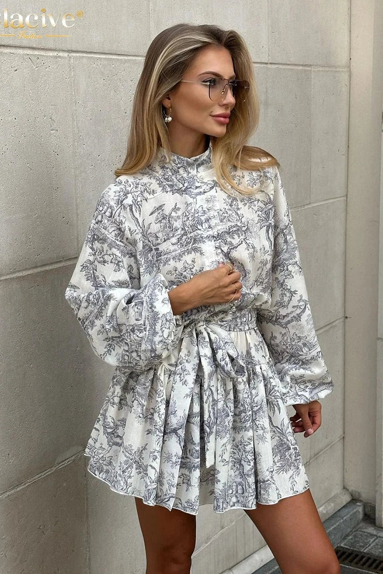 Elegant Print Puff Sleeve Mini Dress