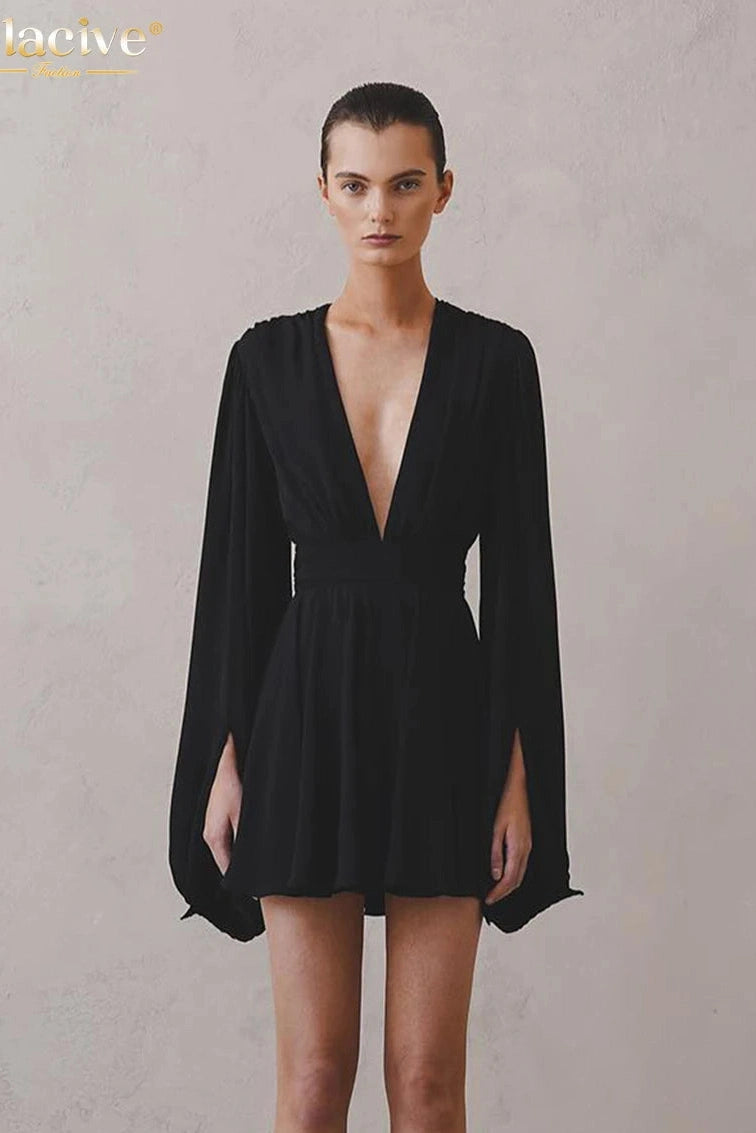 Deep V-Neck Puff Sleeve Mini Dress