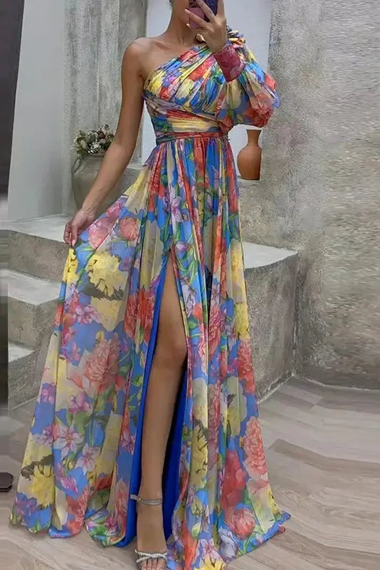 Floral Print One Shoulder Maxi Dress