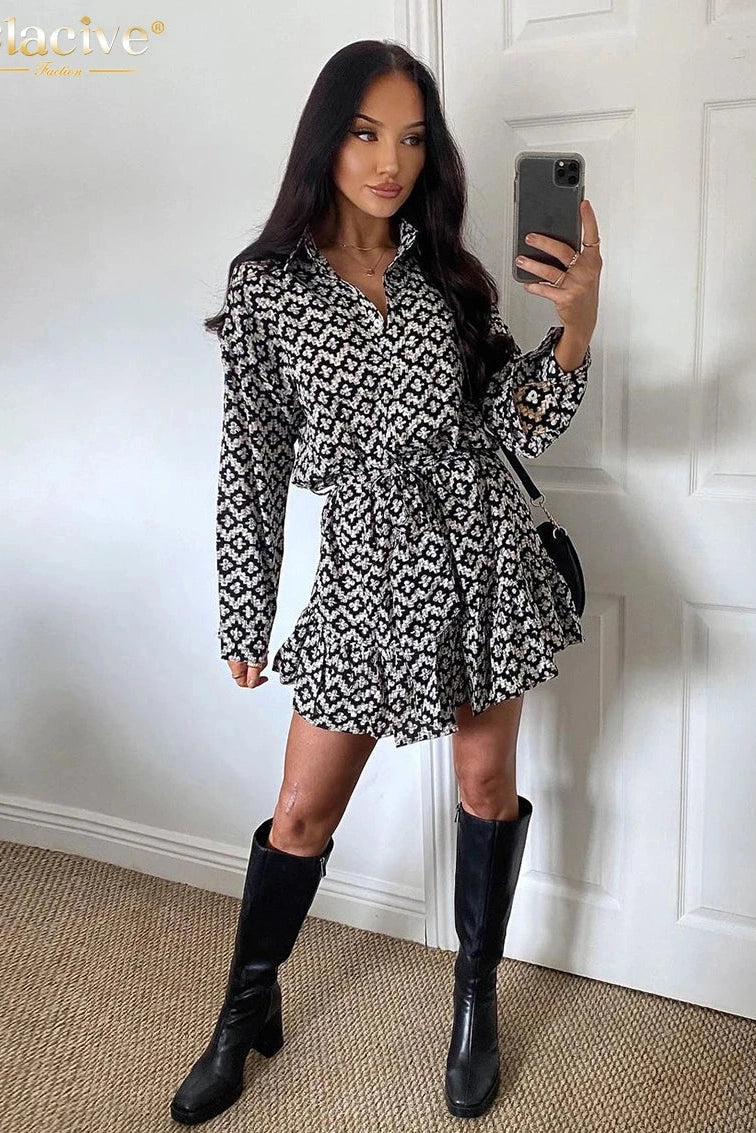 Print Long Sleeve Mini Dress