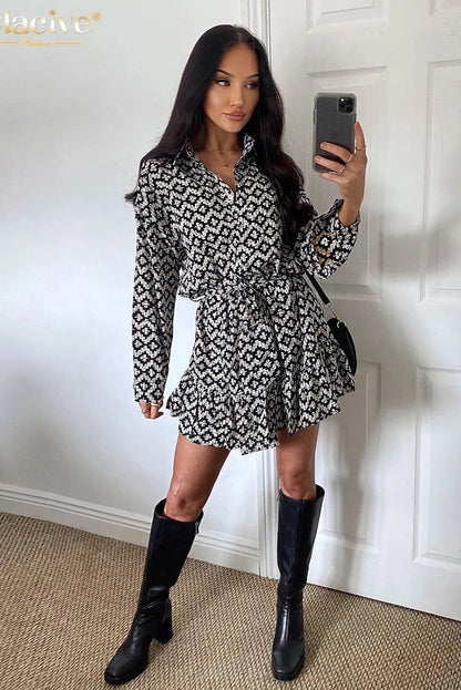 Print Long Sleeve Mini Dress