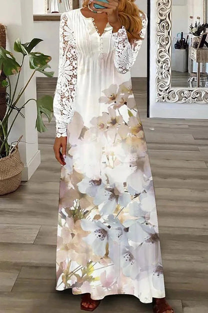 V-Neck Printed Long Sleeve Maxi Dress