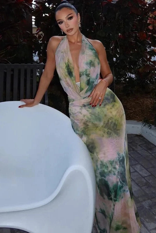 Elegant Backless Printed Maxi Dress