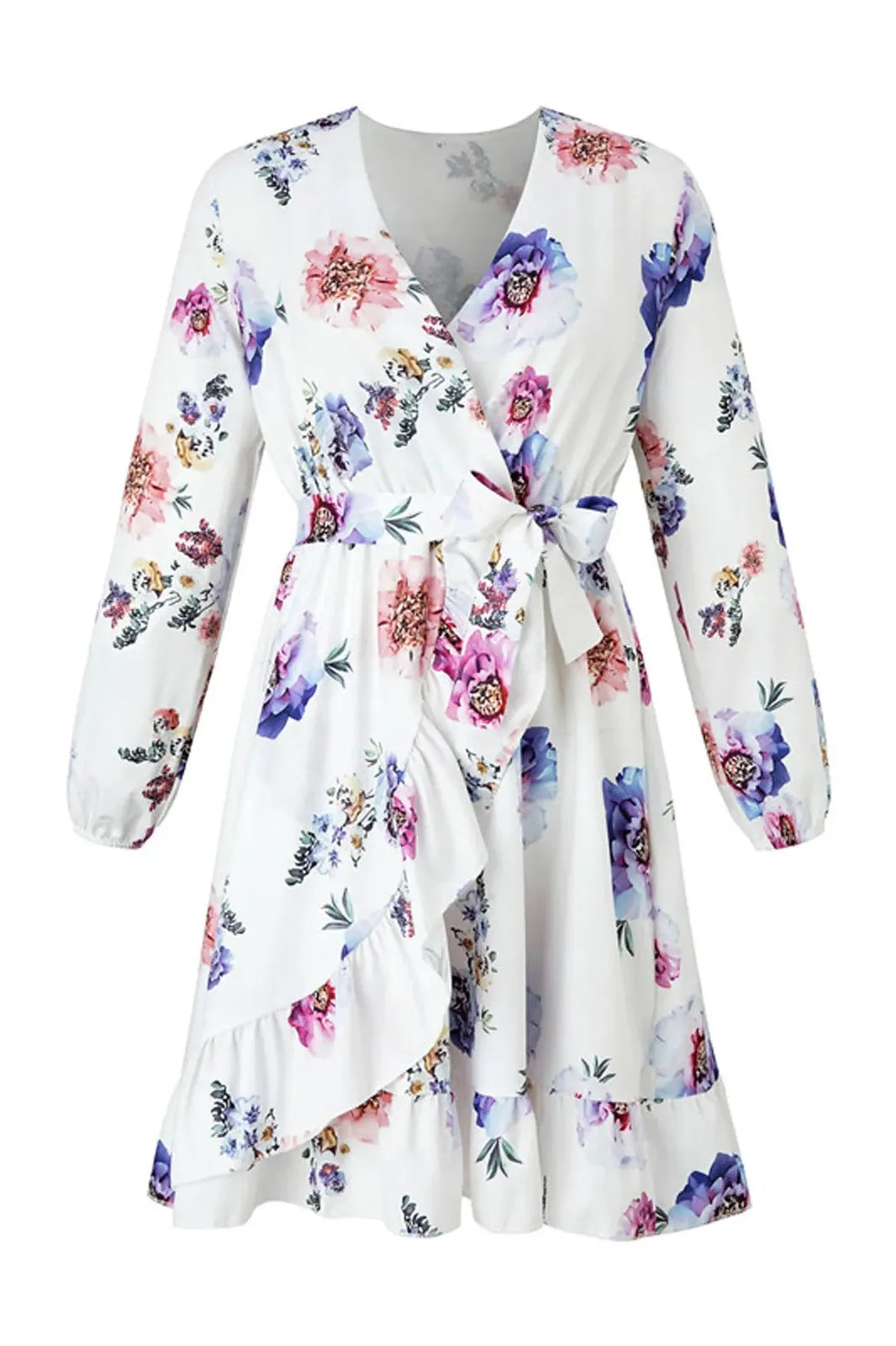 Floral V Neck Ruffle Waist Tie Mini Dress