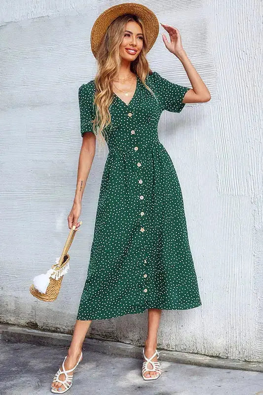 Elegant V-Neck Dot Print A-Line Midi Dress