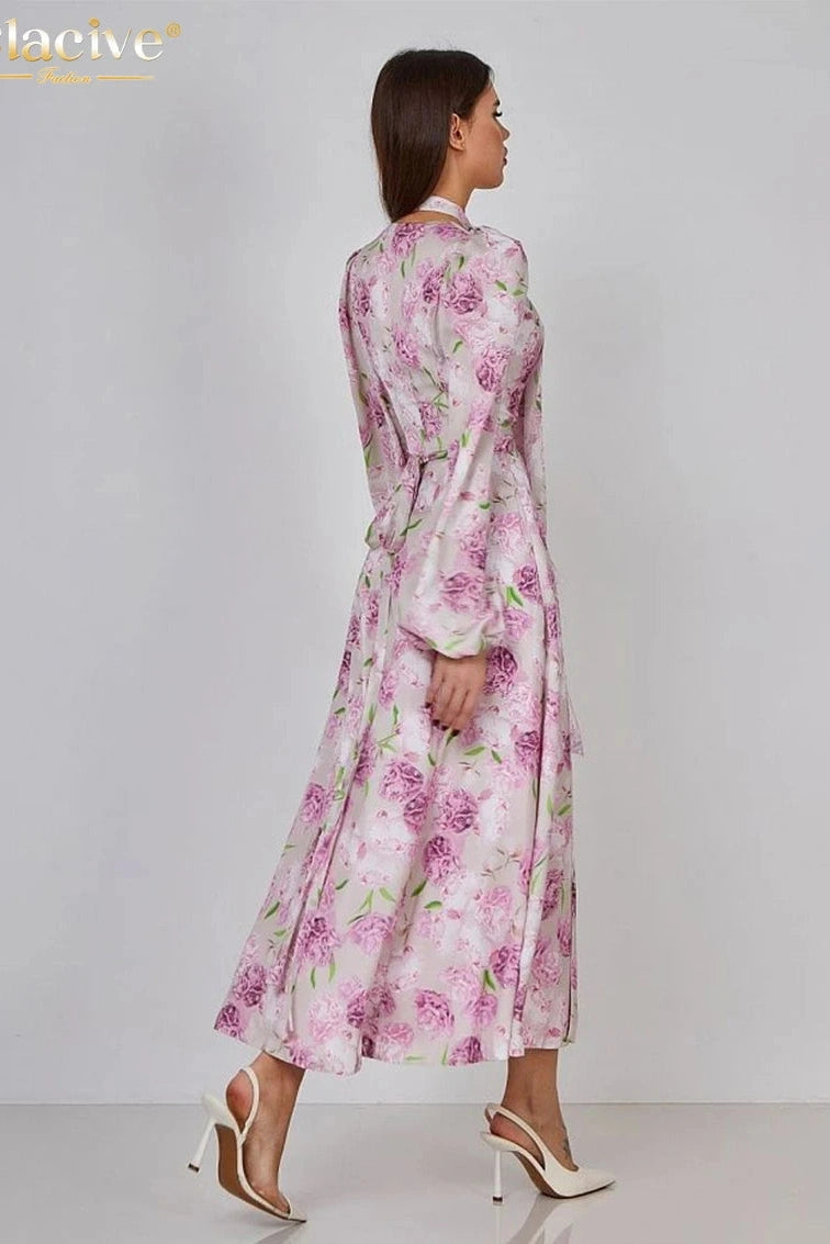 Print V-Neck Puff Sleeve Maxi Dress