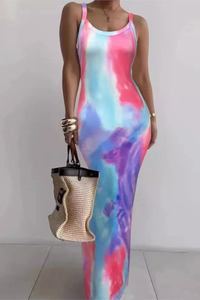 Printed Spaghetti Strap Bodycon Maxi Dress