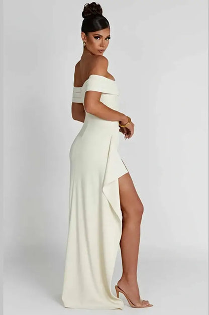 Glamorous Off-Shoulder Ruffled High Split Maxi Dress
