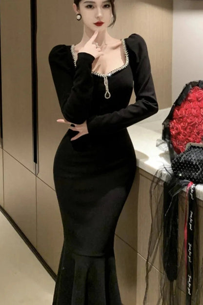 Square Collar Long Sleeve Midi Dress