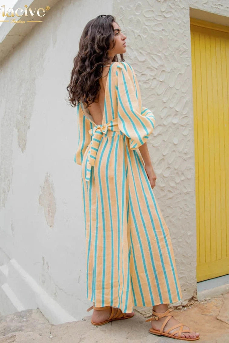 Print O-Neck Puff Sleeve Maxi Dress