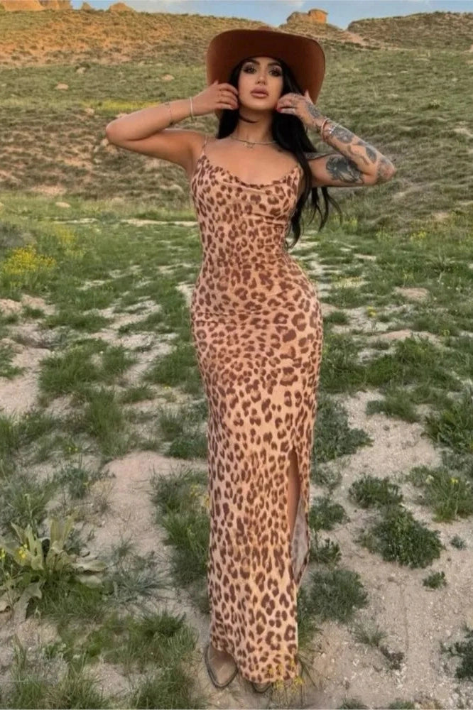 Leopard Print Backless Maxi Dress