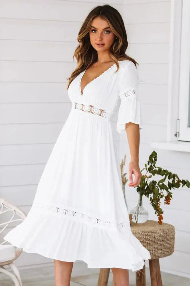 V-Neck Short Sleeve Midi Dress