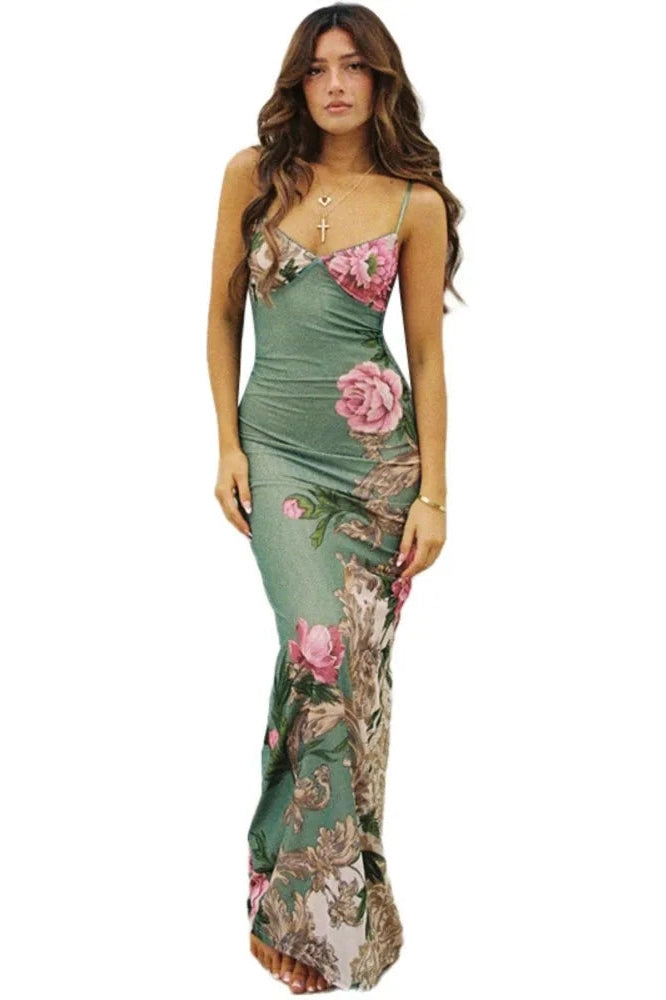 Flower Print Spaghetti Strap Maxi Dress