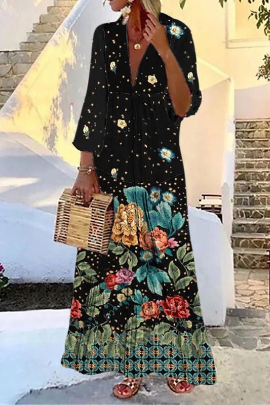 Elegant Printed V-Neck Maxi Dress