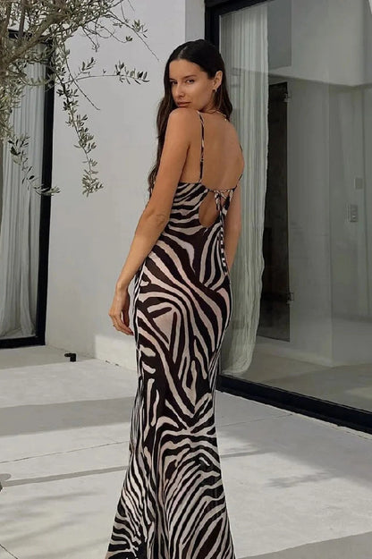 Printed Spaghetti Strap Backless Maxi Dress