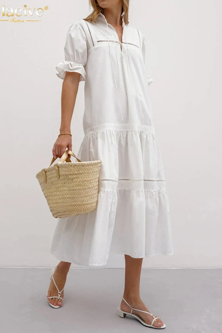 Elegant Cotton Short Sleeve Midi Dress