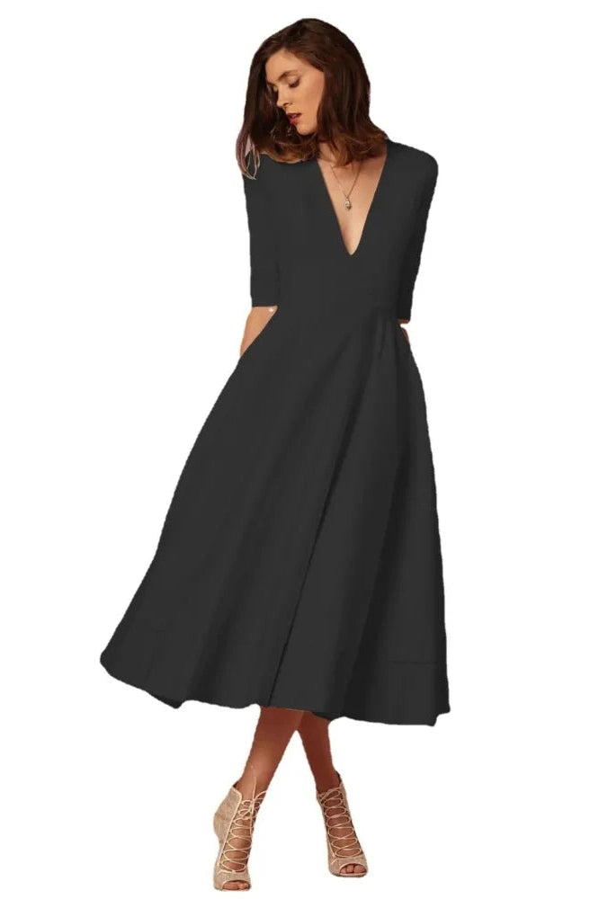 Elegant Deep V-Neck Midi Dress