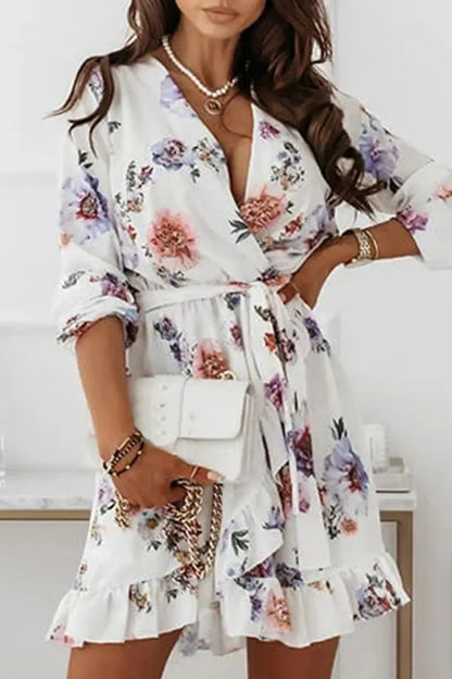 Floral V Neck Ruffle Waist Tie Mini Dress