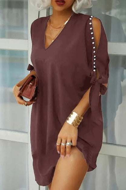 V-Neck Hollow Out Sleeves Mini Dress