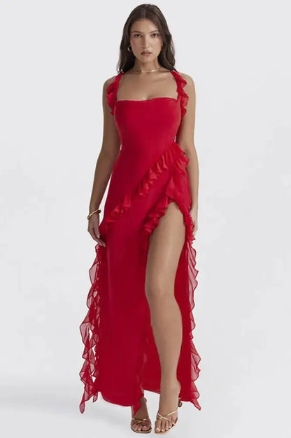 Spaghetti Strap Ruffle Thigh-High Split Midi Dress